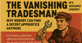 A dramatic mid-century illustration of a tradesman holding a spanner against a faded national map backdrop, symbolizing the decline of skilled trades in modern society.